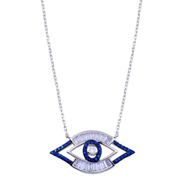 Rhodium Plated 925 Sterling Silver Clear Blue CZ Evil Eye Necklace - BGP01409 | Silver Palace Inc.