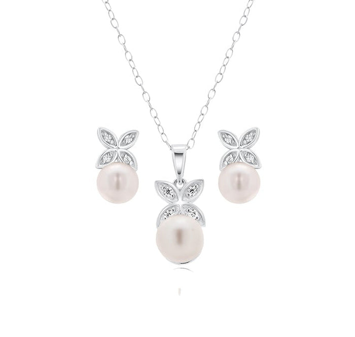 Silver 925 Rhodium Plated Clear CZ Hanging Pearl Butterfly Set - BGS00319 | Silver Palace Inc.