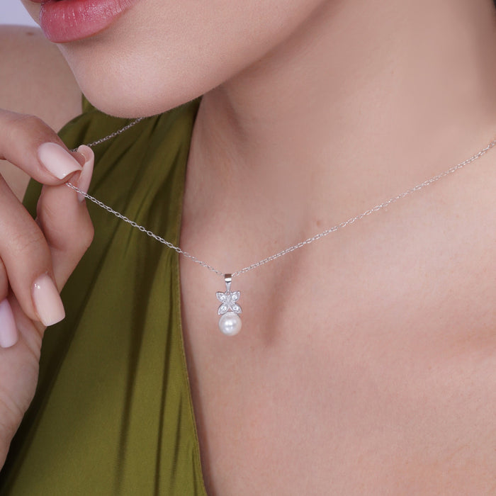 Silver 925 Rhodium Plated Clear CZ Hanging Pearl Butterfly Set - BGS00319 | Silver Palace Inc.