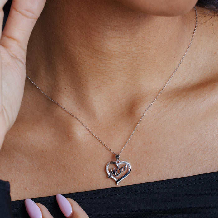 Rhodium Plated 925 Sterling Silver Clear CZ Heart MOM Necklace - STP01771