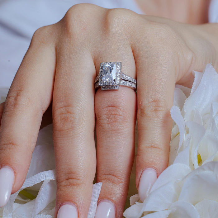 Rhodium Plated 925 Sterling Silver Clear CZ Square Bridal Ring Set - BGR00198