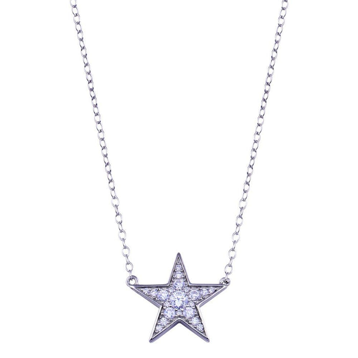 Rhodium Plated 925 Sterling Silver Clear CZ Star Necklace - BGP01410 | Silver Palace Inc.