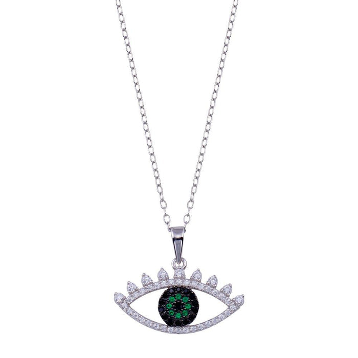 Rhodium Plated 925 Sterling Silver Clear Green CZ Evil Eye Necklace - BGP01400 | Silver Palace Inc.