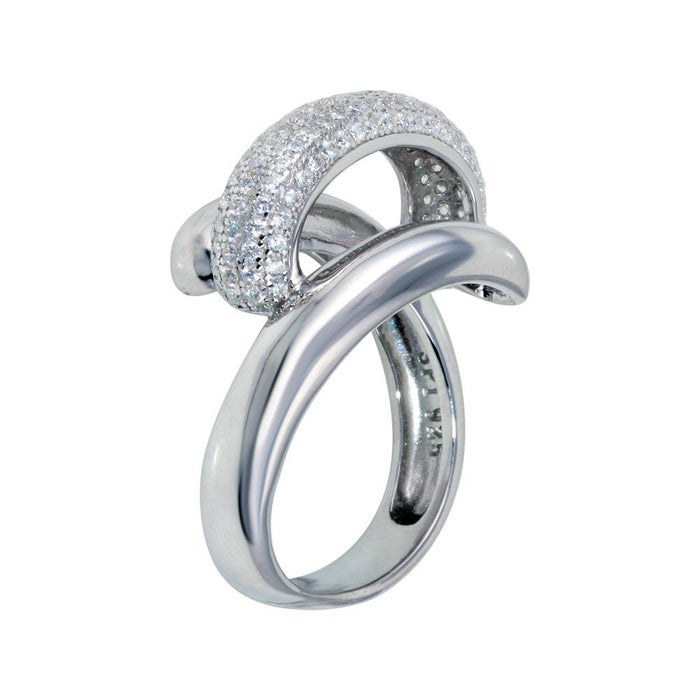 Rhodium Plated 925 Sterling Silver Clear Micro Pave CZ Twist Ring - STR01118