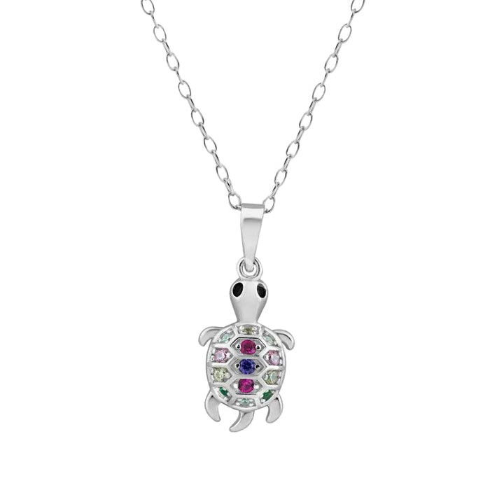 Rhodium Plated 925 Sterling Silver Clear Multi Color CZ Turtle Pendant Necklace - BGP01450 | Silver Palace Inc.