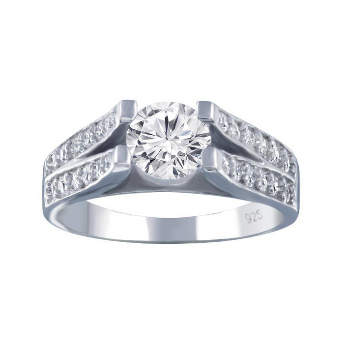 Rhodium Plated 925 Sterling Silver Clear Pave Set Round Center CZ Engagement Ring - AAR0078 | Silver Palace Inc.