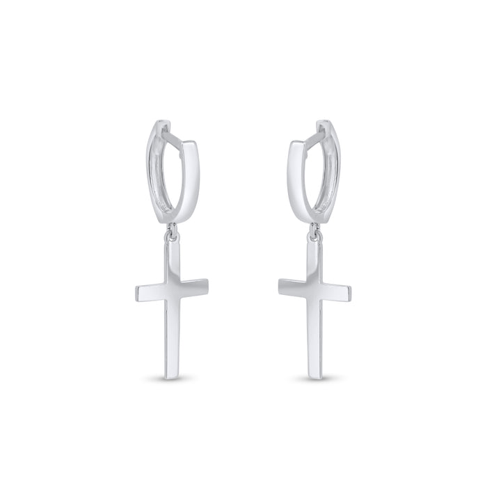Rhodium Plated 925 Sterling Silver Cross 10mm Hoop Huggie Earrings - GME00147
