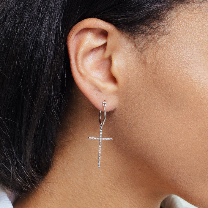 Rhodium Plated 925 Sterling Silver Cross CZ Dangling Hoop Earrings - STE01357