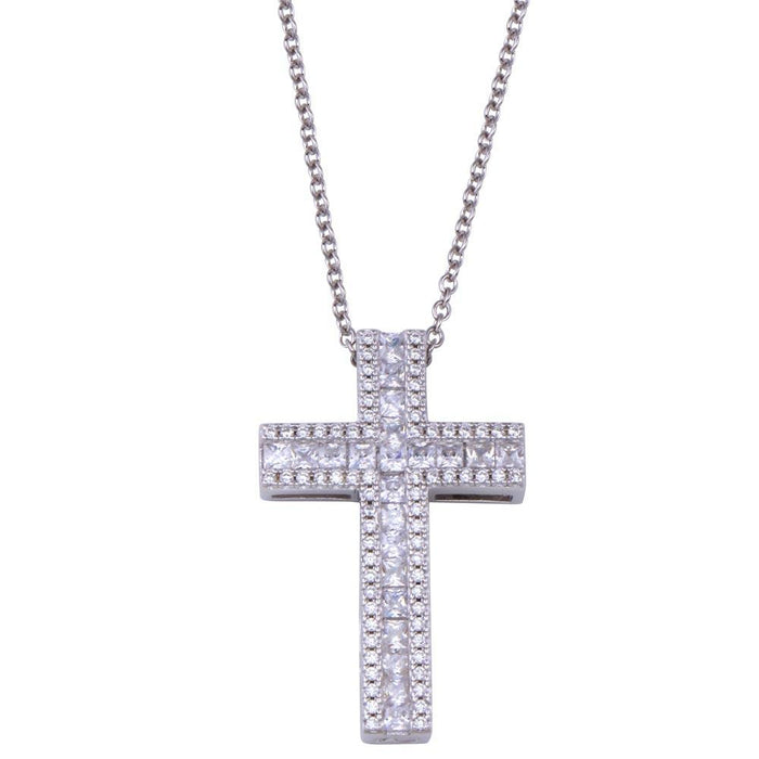 Rhodium Plated 925 Sterling Silver Cross CZ Necklace - BGP01432 | Silver Palace Inc.