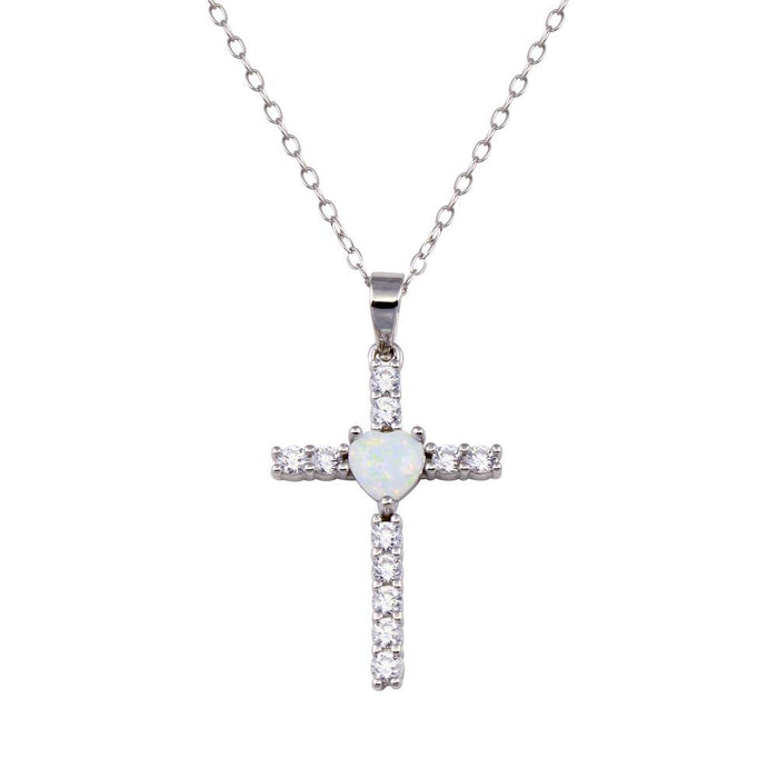 Rhodium Plated 925 Sterling Silver Cross Heart Opal Clear CZ Necklace - BGP01438 | Silver Palace Inc.