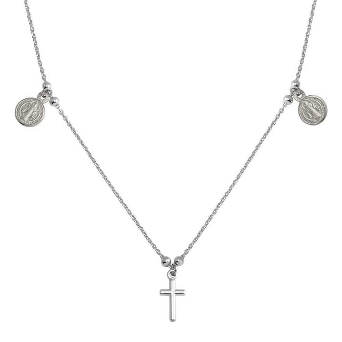 Silver 925 Rhodium Cross With Religious Charms Necklace - ARN00049RH | Silver Palace Inc.