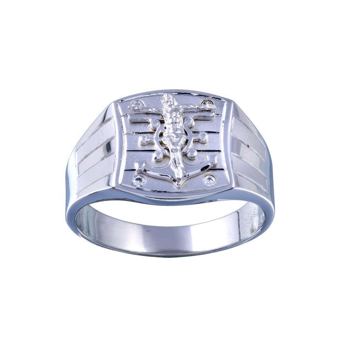 Rhodium Plated 925 Sterling Silver Crucifix Anchor CZ Hip Hop Ring - GMR00326 | Silver Palace Inc.