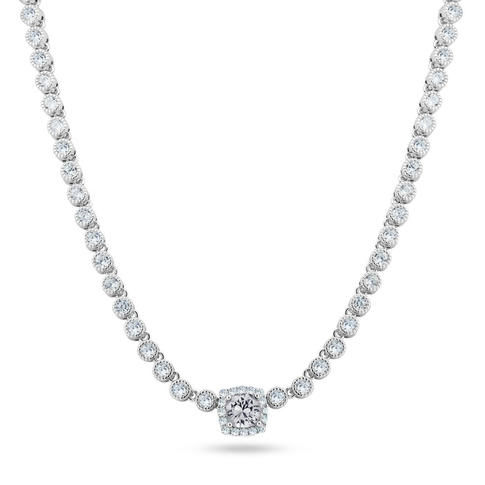 Rhodium Plated 925 Sterling Silver CZ Bubble and Birthstone Bridal Tennis Necklace - BGP01469