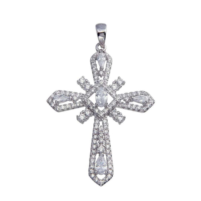 Rhodium Plated 925 Sterling Silver CZ Cross Hip Hop Pendant - SLP00078 | Silver Palace Inc.