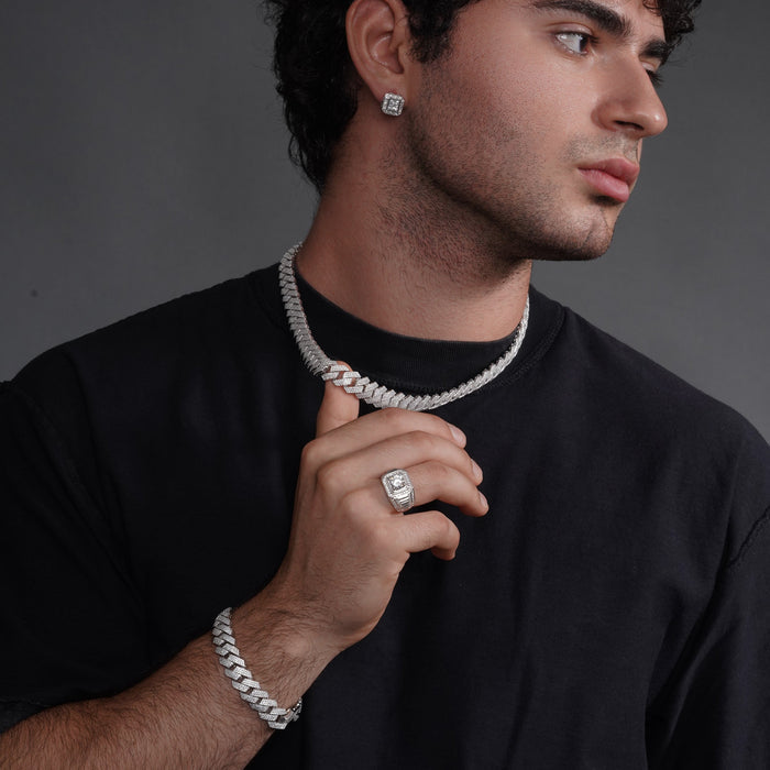 Rhodium Plated 925 Sterling Silver CZ Encrusted Miami Cuban Link 13mm Chain or Bracelet - GMN00210 GMB00128