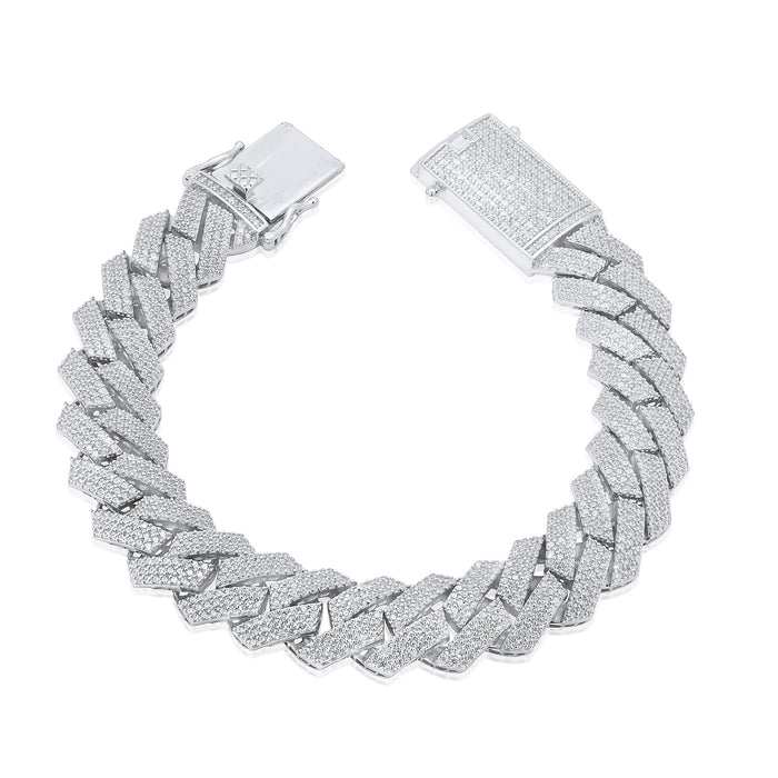 Rhodium Plated 925 Sterling Silver CZ Encrusted Miami Cuban Link 13mm Chain or Bracelet - GMN00210 GMB00128