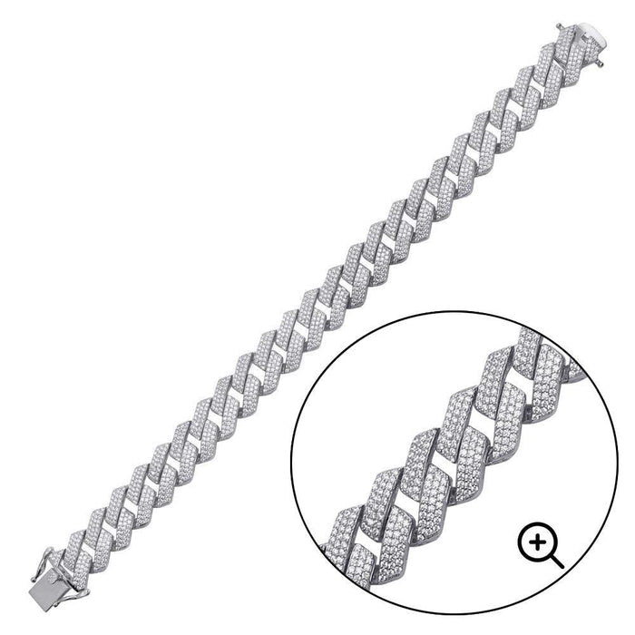 Rhodium Plated 925 Sterling Silver CZ Encrusted Miami Cuban Link 13mm Chain or Bracelet - GMN00210 GMB00128