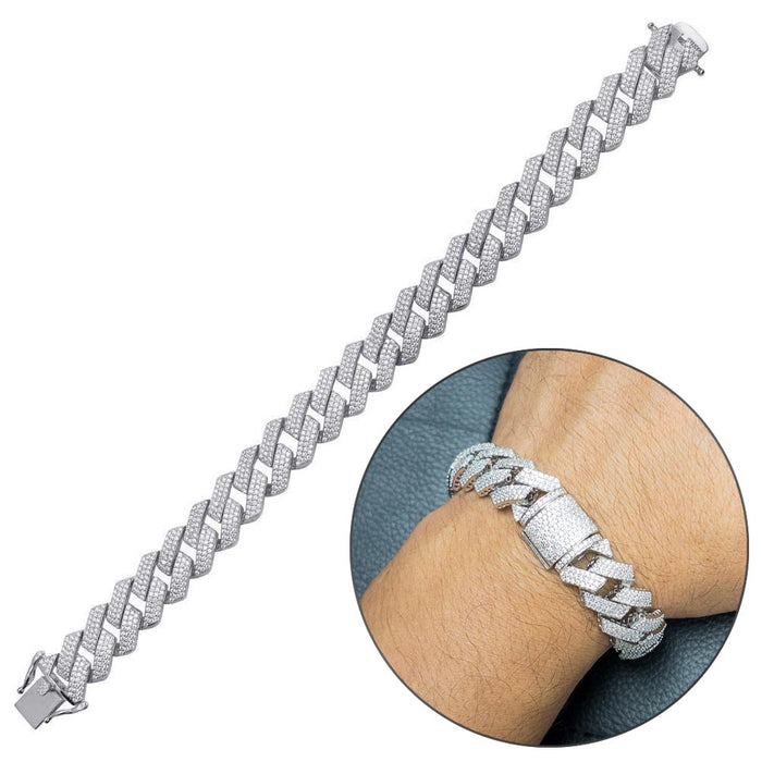 Rhodium Plated 925 Sterling Silver CZ Encrusted Miami Cuban Link 15mm Chain or Bracelet - GMN00211 GMB00075