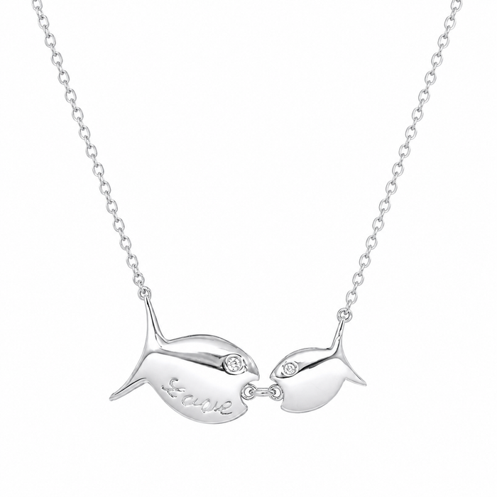 Rhodium Plated 925 Sterling Silver CZ Love Fish Pendant Necklace - STP01809