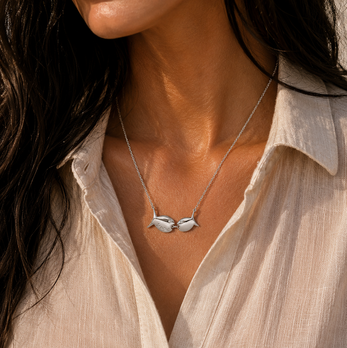 Rhodium Plated 925 Sterling Silver CZ Love Fish Pendant Necklace - STP01809