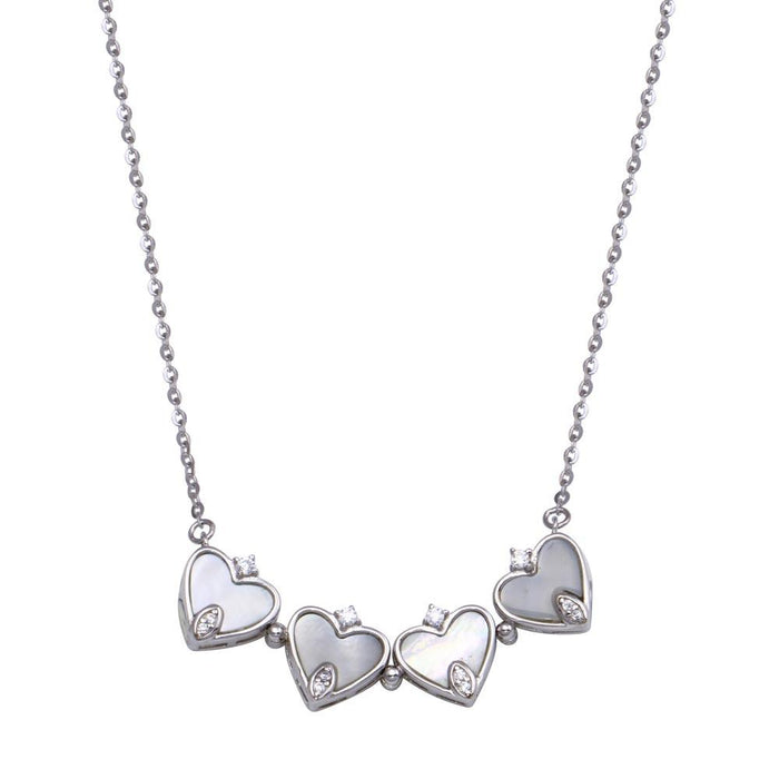 Rhodium Plated 925 Sterling Silver CZ MOP Magnetic Flower Heart Necklace - STP01826
