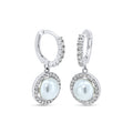 Rhodium Plated 925 Sterling Silver CZ Mother of Pearl 11.2mm Hoop Earrings - GME00144