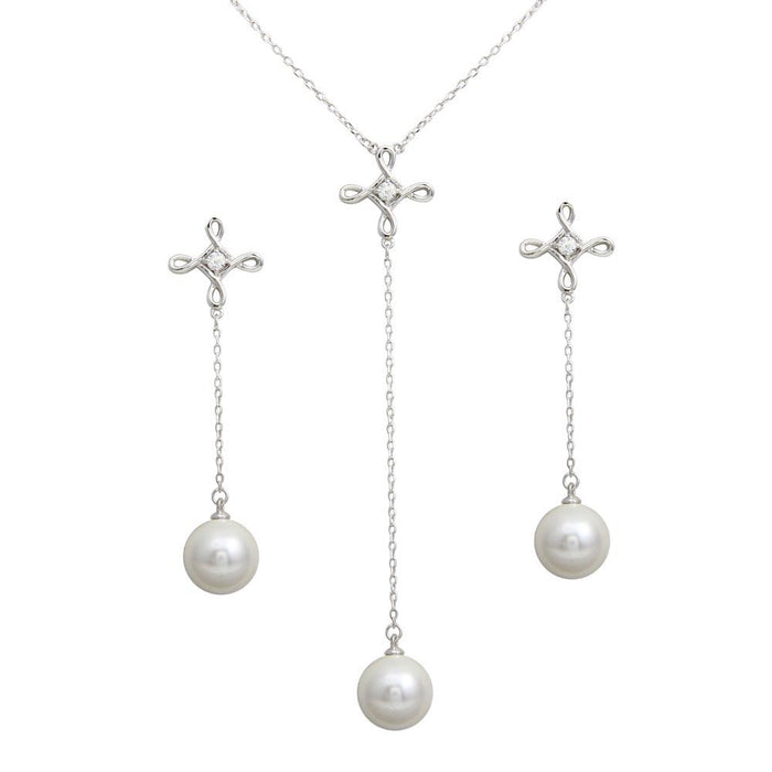 Silver 925 Rhodium Plated CZ Open Infinity Cross with Synthetic Dangling Set - BGS00561 | Silver Palace Inc.