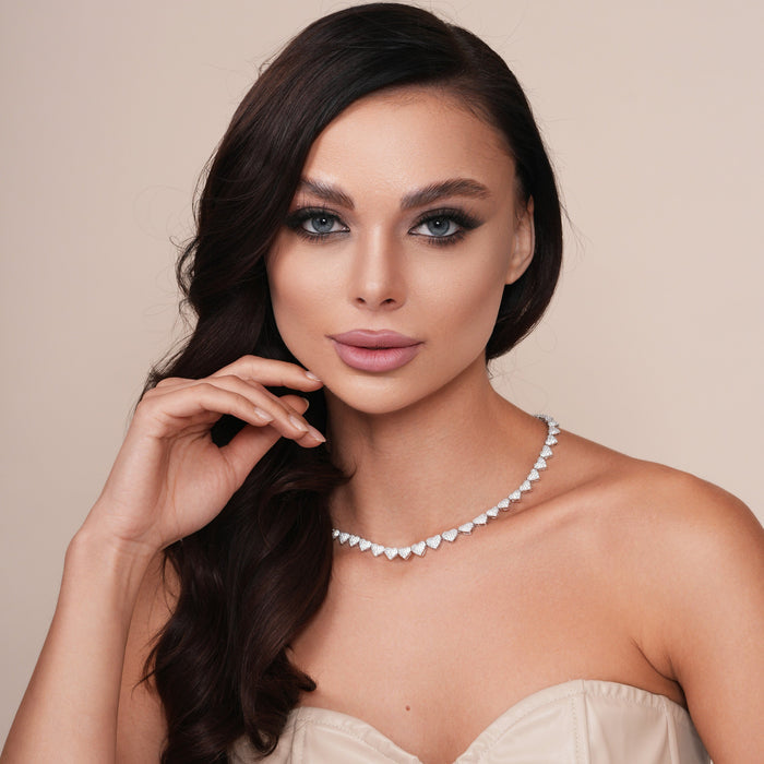 Rhodium Plated 925 Sterling Silver CZ Pave Heart Bridal Necklace - GMN00229