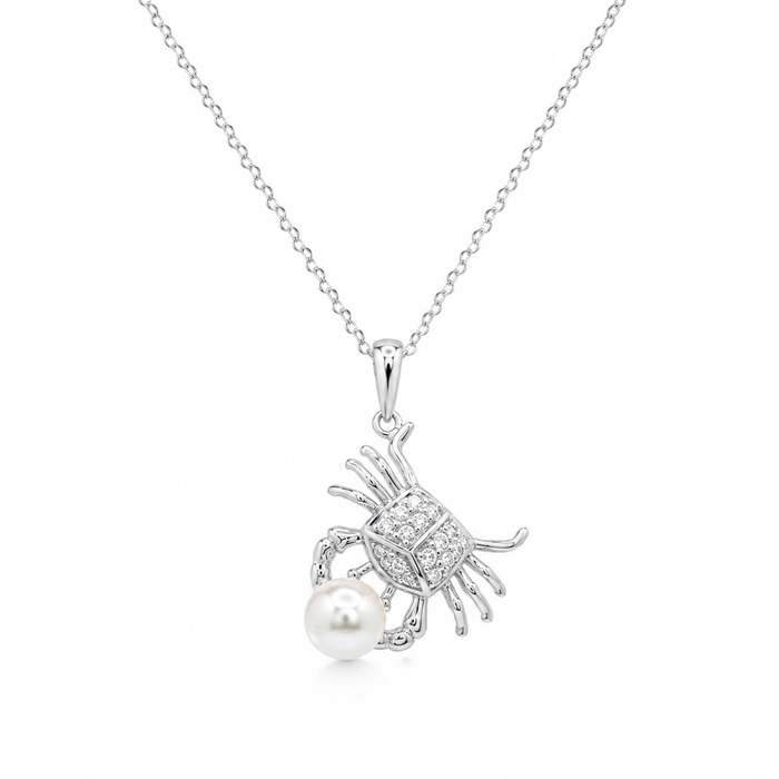 Rhodium Plated 925 Sterling Silver CZ & Pear Crab Pendant Necklace - BGP00857