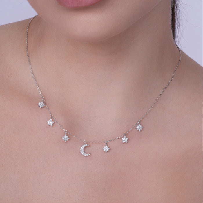Rhodium Plated 925 Sterling Silver CZ Star and Crescent Moon Necklace - GMN00089