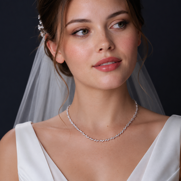 Rhodium Plated 925 Sterling Silver CZ Zig Zag Bridal Necklace - BGP01301