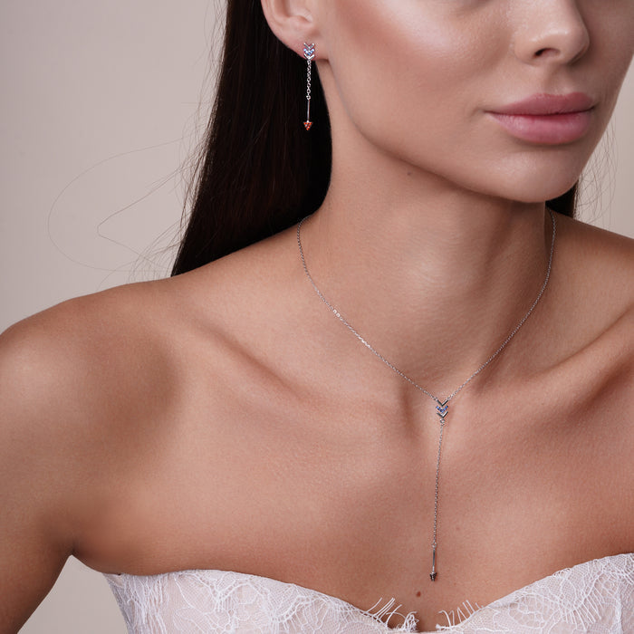 Rhodium Plated 925 Sterling Silver Dangling Arrow Earrings and Necklace set with CZ - BGS00573
