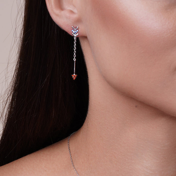 Rhodium Plated 925 Sterling Silver Dangling Arrow Earrings and Necklace set with CZ - BGS00573