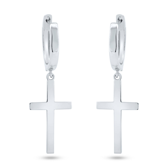 Rhodium Plated 925 Sterling Silver Dangling Cross 13.4mm Hoop Huggie Earrings - GME00146