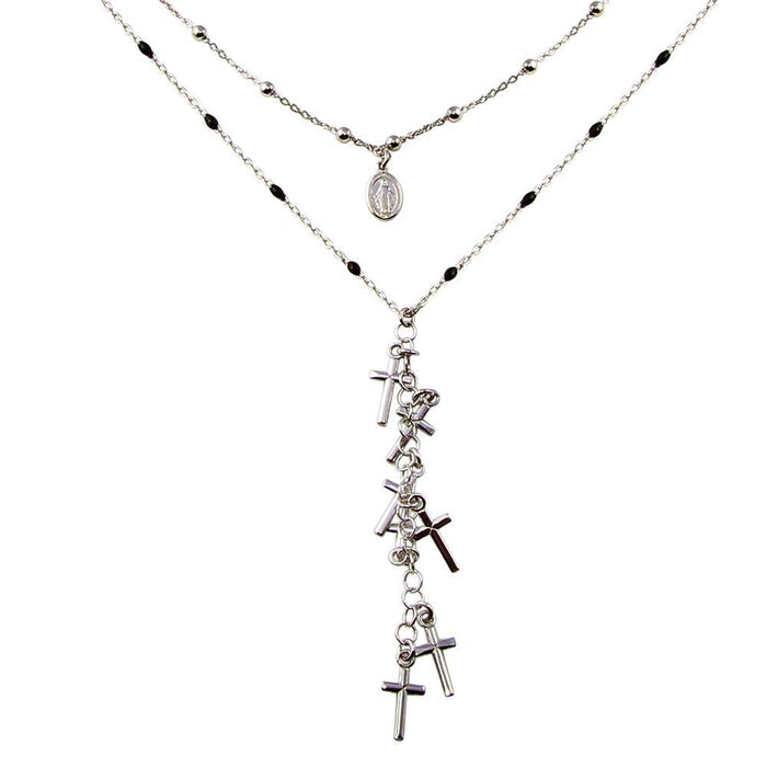 Silver 925 Rhodium Plated Dangling Crosses Enamel Bead Necklace - ECN00061RH | Silver Palace Inc.