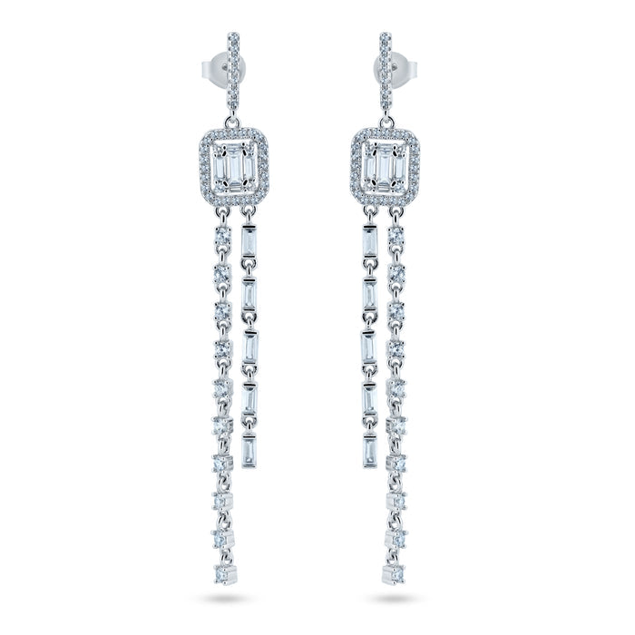 Rhodium Plated 925 Sterling Silver Dangling CZ Earrings - BGE00744