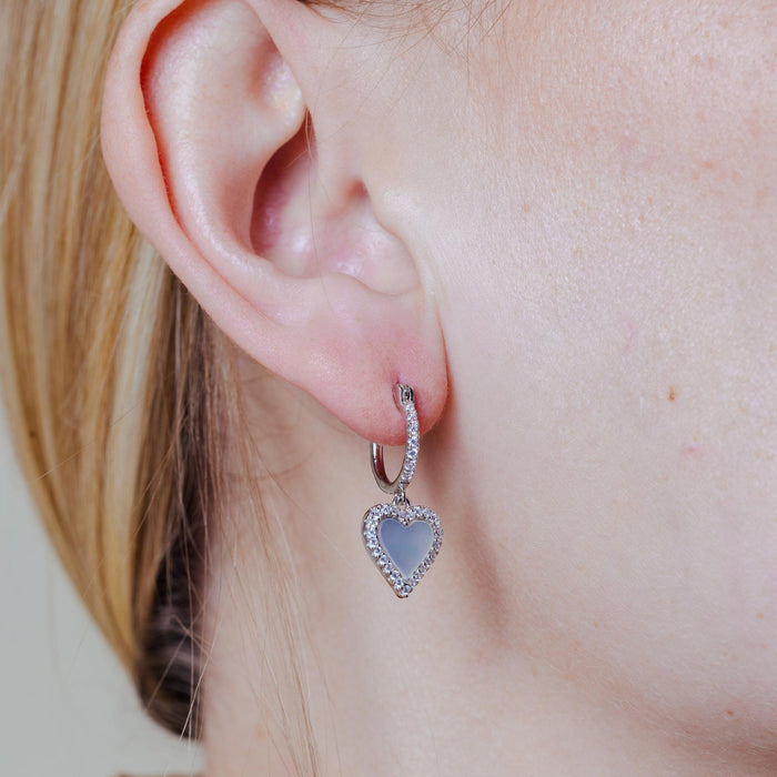 Rhodium Plated 925 Sterling Silver Dangling CZ Heart with Mother of Pearl Huggie Hoop Earrings - BGE00676