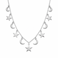 Rhodium Plated 925 Sterling Silver Dangling Star and Moon Chain Necklace - DIN00106RH