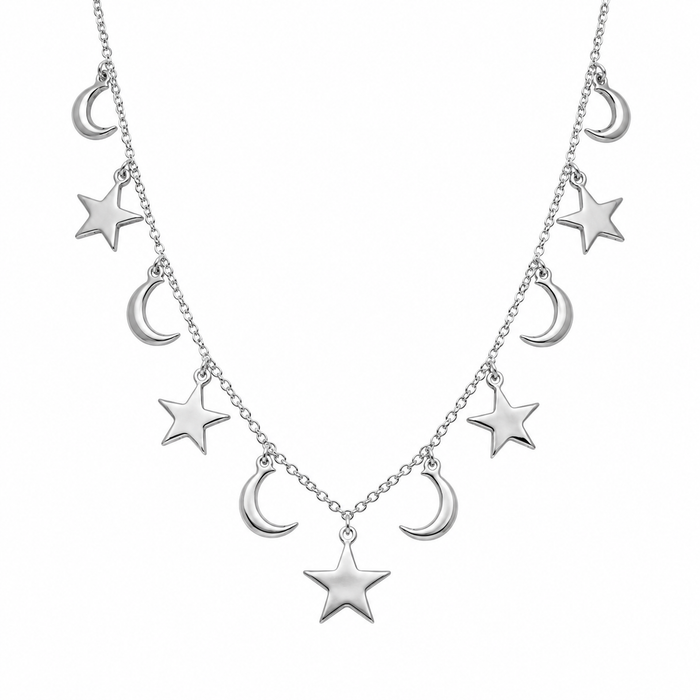 Rhodium Plated 925 Sterling Silver Dangling Star and Moon Chain Necklace - DIN00106RH