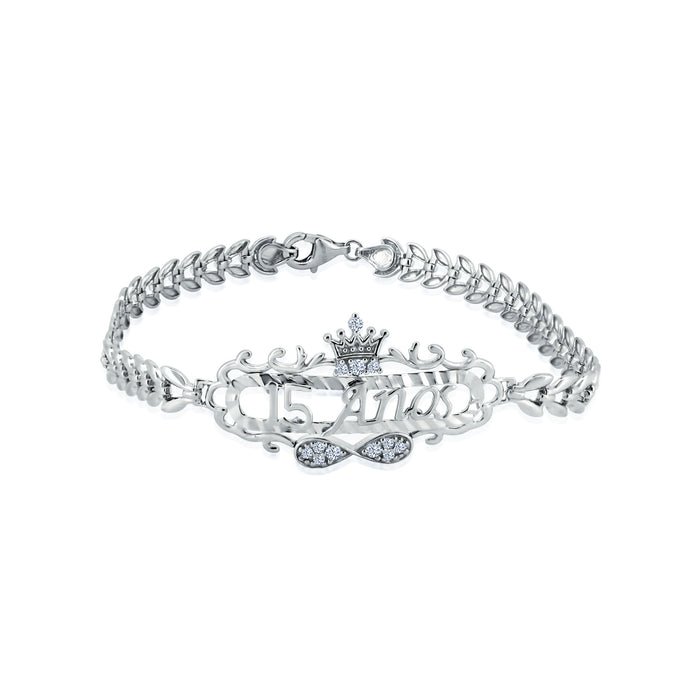 Rhodium Plated 925 Sterling Silver Diamond Cut Quinceañera Crown Infinity Clear CZ Bracelet - GMB00115