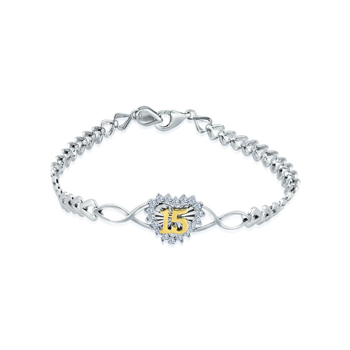 Rhodium Plated 925 Sterling Silver Diamond Cut Quinceañera Heart Clear CZ Bracelet - GMB00114RG