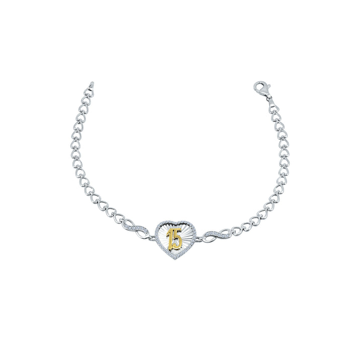 Rhodium Plated 925 Sterling Silver Diamond Cut Quinceañera Heart Infinity Clear CZ Bracelet - GMB00113RG
