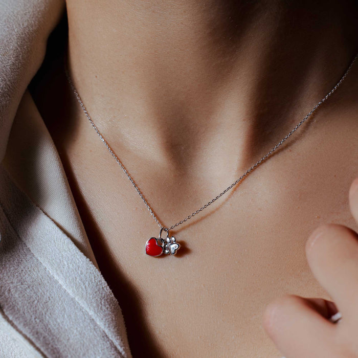 Rhodium Plated 925 Sterling Silver Dog Paw Red Enamel Heart Pendant Necklace - STP01854