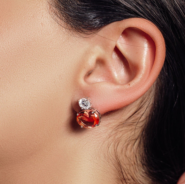 Rhodium Plated 925 Sterling Silver Drop Clear and Peach CZ  Stud Earrings - STE01205