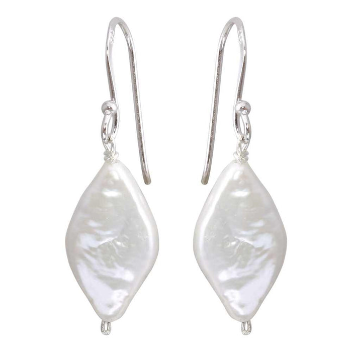 Silver 925 Rhodium Plated Fish Hook Diamond Shape Dangling Pearl Earrings - PJE00007 | Silver Palace Inc.