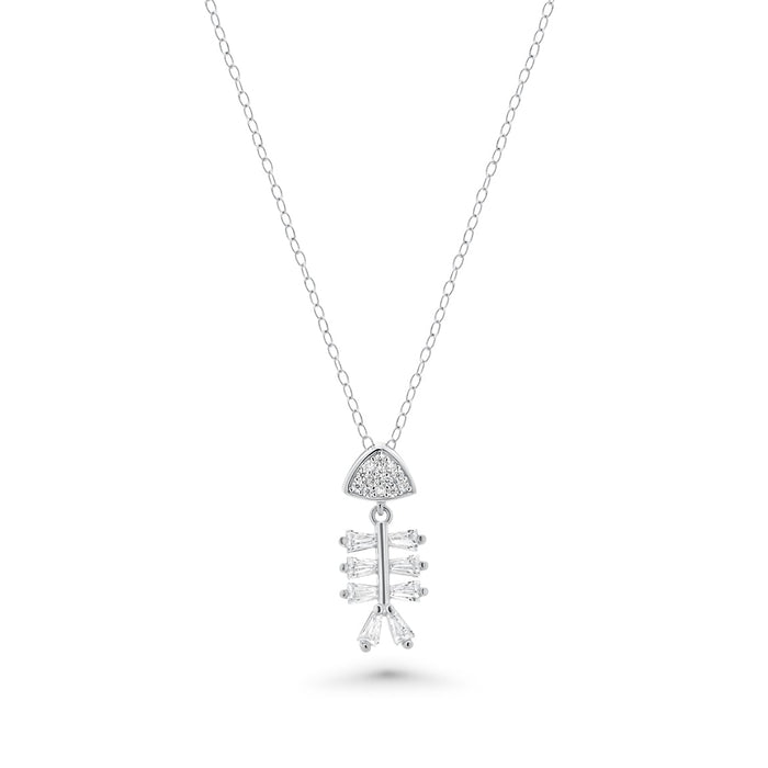 Rhodium Plated 925 Sterling Silver Fishbone Baguette Clear CZ Earring and Pendant Set - BGS00619