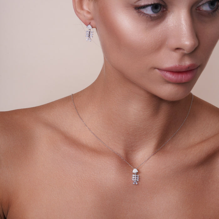 Rhodium Plated 925 Sterling Silver Fishbone Baguette Clear CZ Earring and Pendant Set - BGS00619