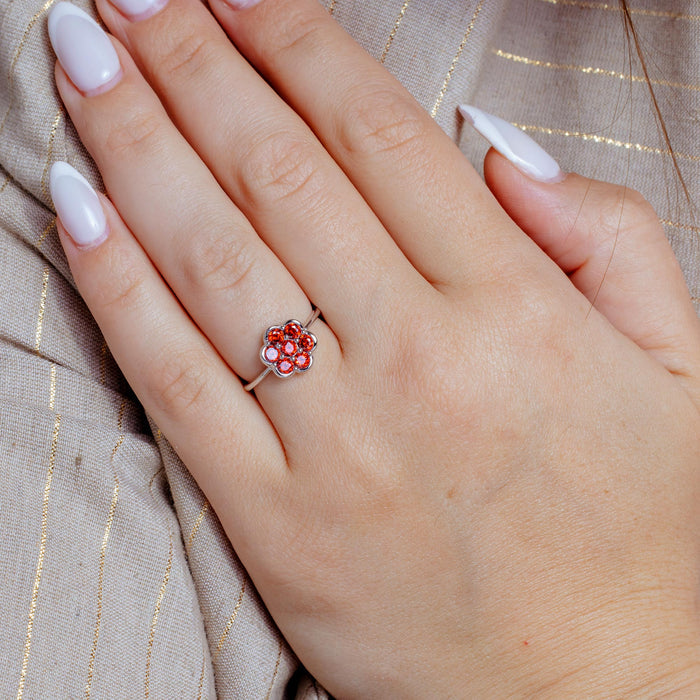 Rhodium Plated 925 Sterling Silver Flower Ring with Red CZ - BGR01152RED