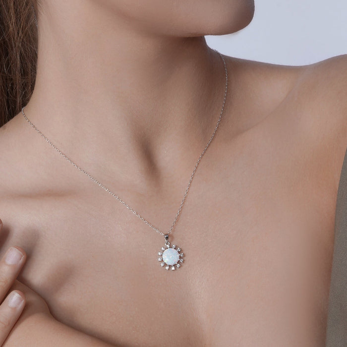 Rhodium Plated 925 Sterling Silver Flower Synthetic Opal Halo Set with CZ - BGS00602