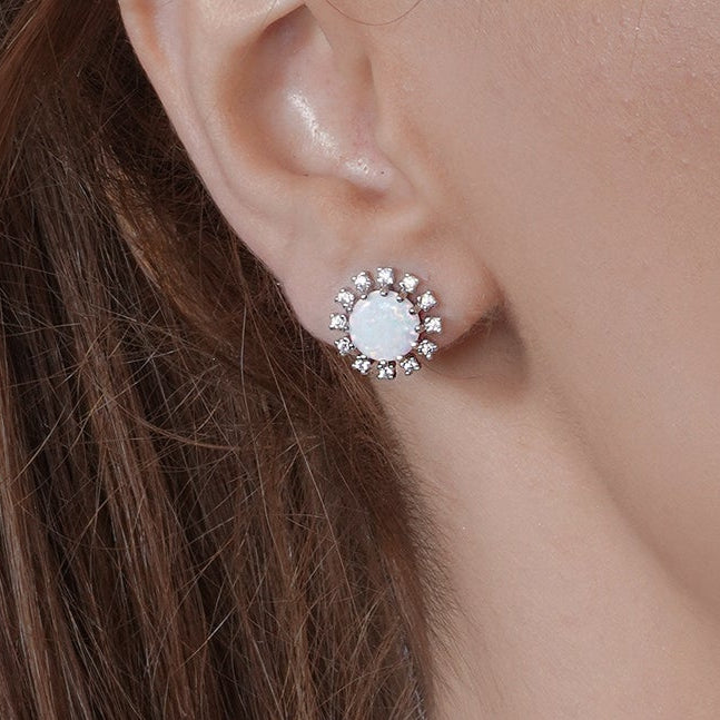 Rhodium Plated 925 Sterling Silver Flower Synthetic Opal Halo Set with CZ - BGS00602